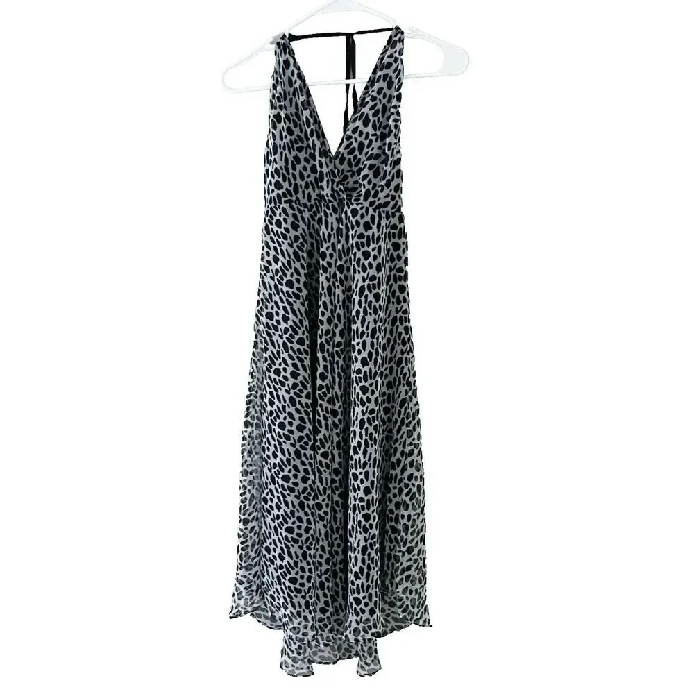 Vintage Y2K Womens Gray Black A Line Dress Leopard Print Sleeveless Halter Silky